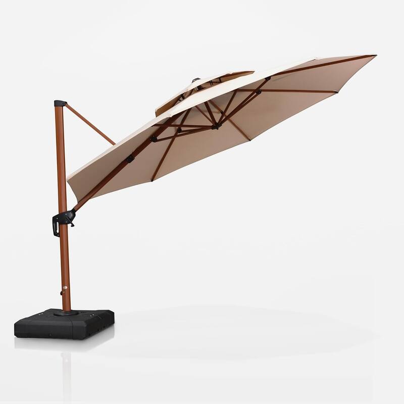 PURPLE LEAF 12ft Round Wood Pattern Patio Cantilever Umbrella - Beige
