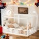 preview thumbnail 27 of 37, Full Size Floor Wooden House Bed with House Roof Frame and Safety Guardrails White