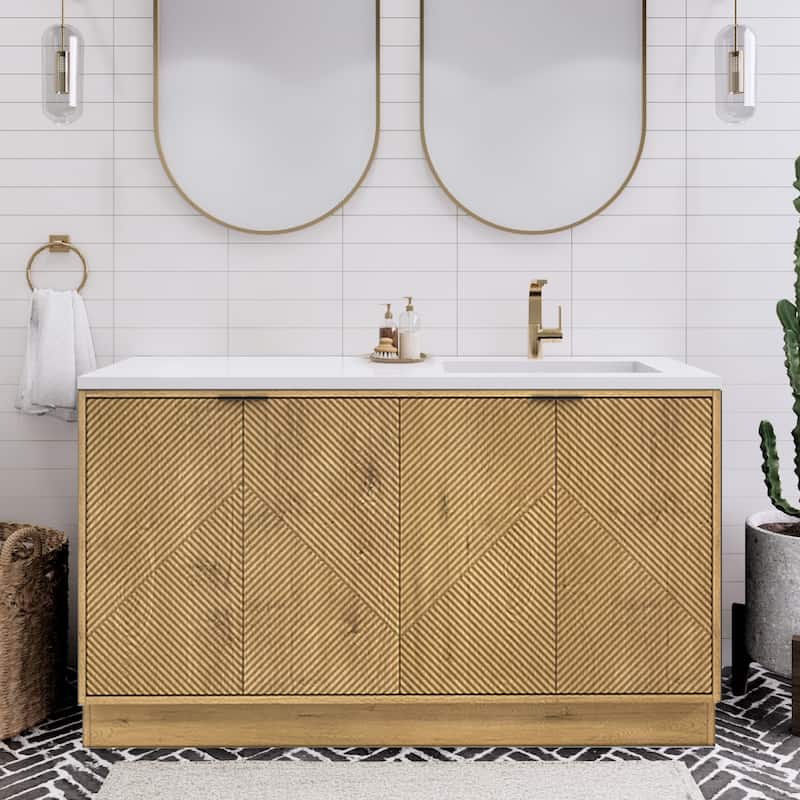 Milano 60" Freestanding Bathroom Vanity with Right White Sink - 59.06" x 19.49" x 35.46'' - Oak