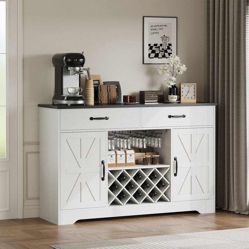 Gymojoy 55" Farmhouse Bar Cabinet with Wine Rack & Coffee Station, Rustic Storage for Dining Room, Kitchen, Living Room