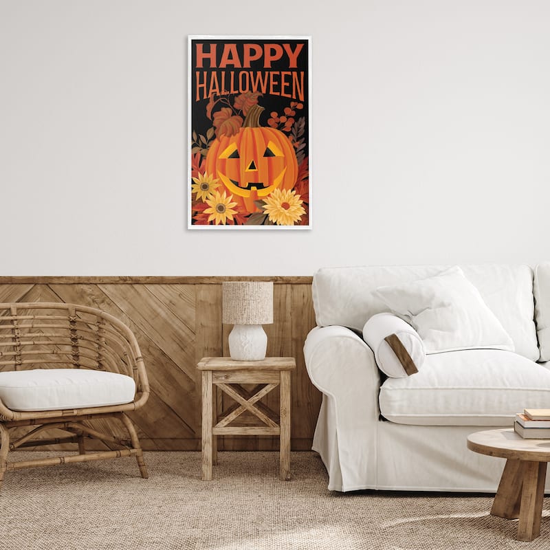Stupell Happy Halloween Floral Pumpkin Framed Giclee Art Design By Cat Thurman Designs