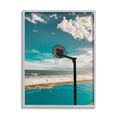 Stupell Vibrant Blue Basketball Hoop Coastal Beach Court Framed Wall Art