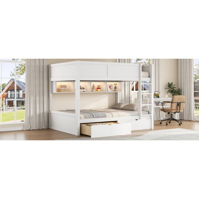 Roomfitters Full XL Over Full XL Bunk Bed with Storage Cabinets, LED Light and Drawers