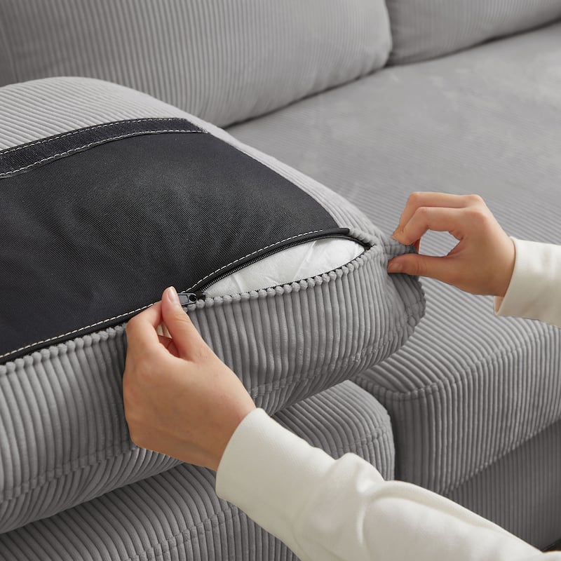 100.79" Corduroy L shaped Pillow Top Arm Sofa With Storage Bag
