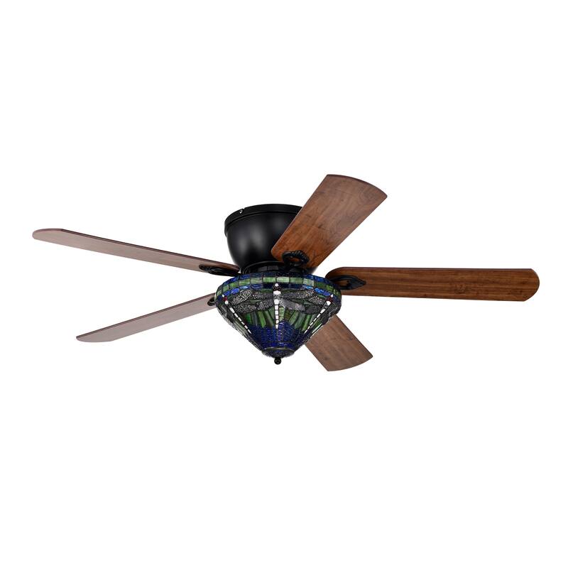 Penana 52-Inch Flushmount Lighted Ceiling Fan Green Blue Dragonfly Tiffany Glass Lamp Black Finish
