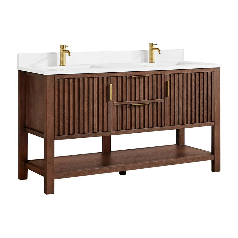 Tehran Bath Vanity with Composite Stone Top without Mirror - 60" Double Sink - Aged Dark Brown Oak