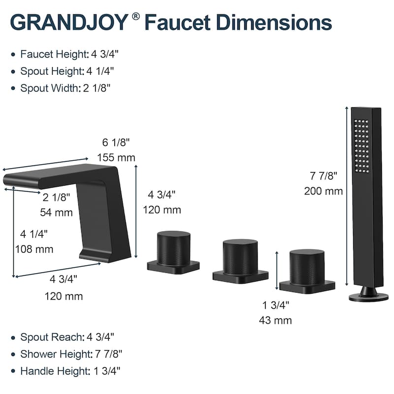GRANDJOY Deck Mount Bathtub Spout and Handheld Shower Head Combo 5 Hole Design High Pressure