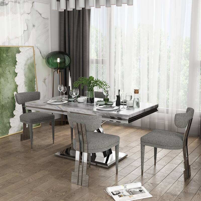 Glam Silver Dining Table Set with 64 inch Dining Table and Black Button Tufted Velvet Dining Chairs