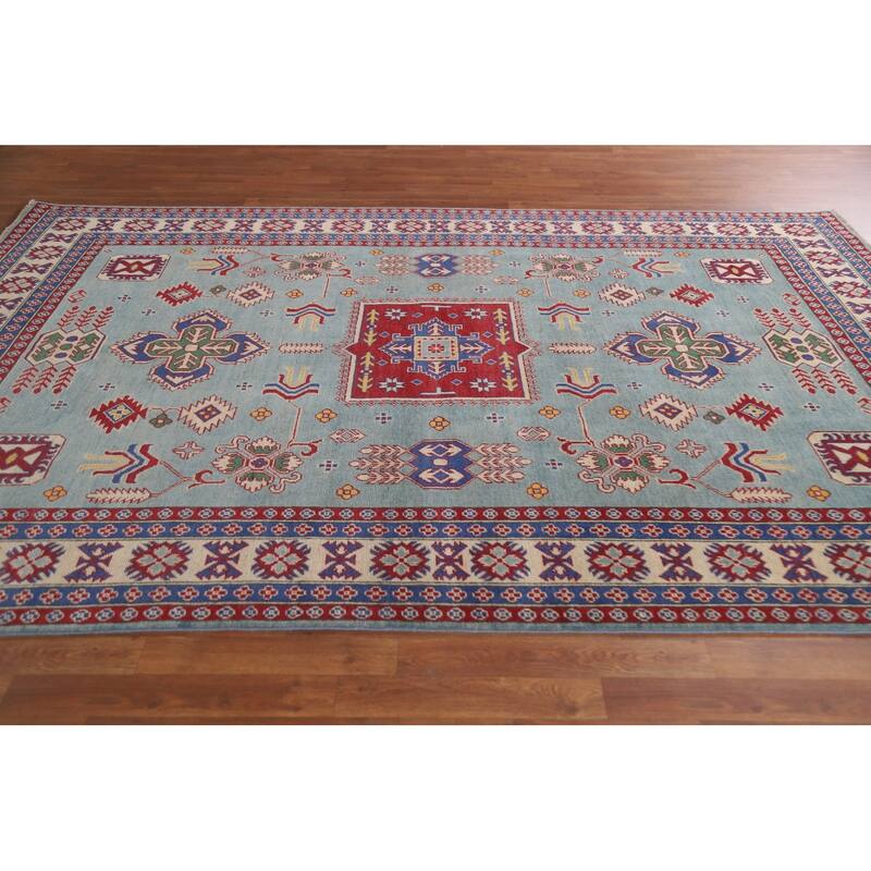 Hand Knotted Oriental 100% Wool Carpet Traditional Geometric Navy Blue & Blues Kazak Area Rug - 9' 8'' X 6' 8''