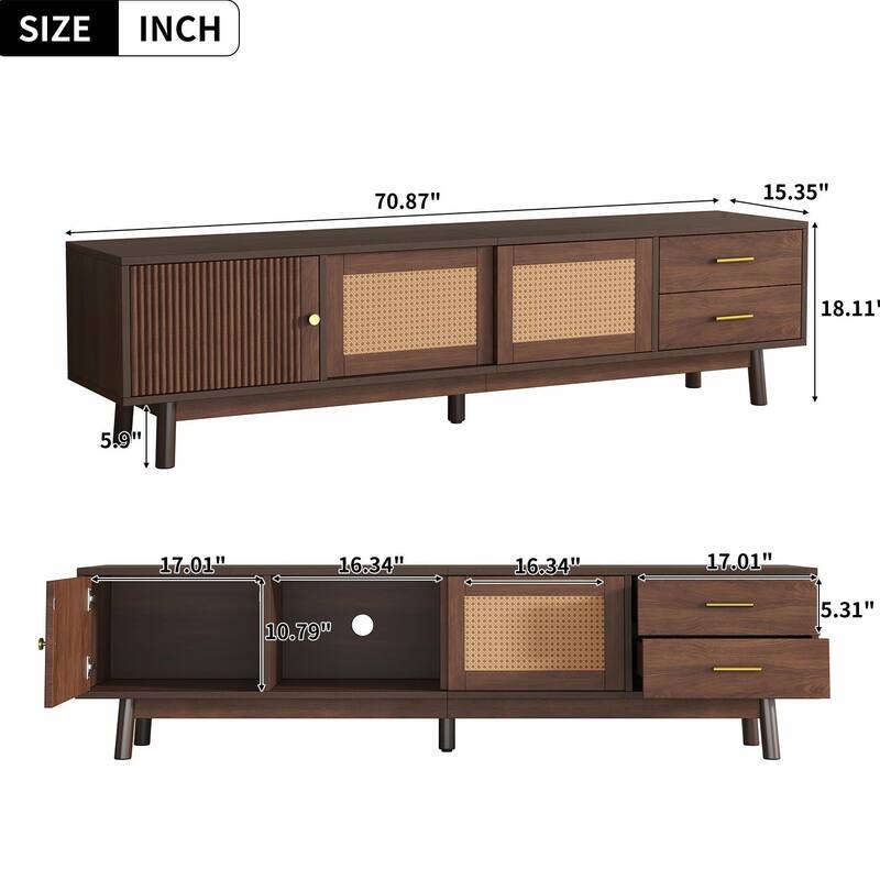 80" Mid Century TV Stand - Rattan Doors, Storage Drawers, Waterproof