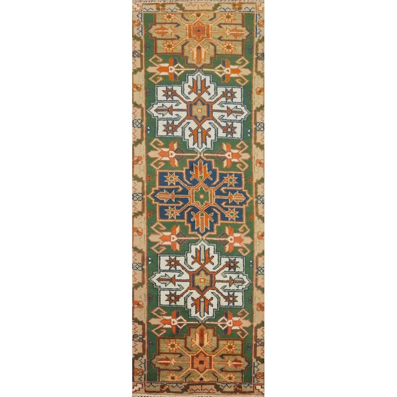 Hand Knotted Oriental 100% Wool Carpet Traditional Geometric Green Kazak Runner Rug - 7' 11'' X 2' 6''