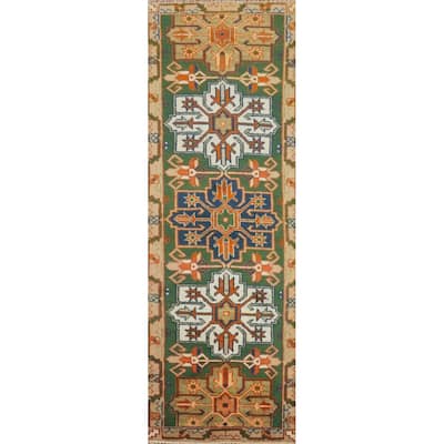 Hand Knotted Oriental 100% Wool Carpet Traditional Geometric Green Kazak Runner Rug - 7' 11'' X 2' 6''