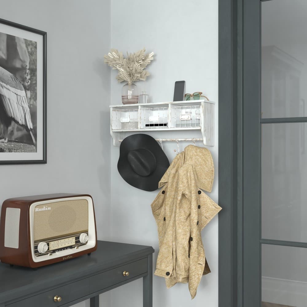 Wall Mounted Storage Rack with Upper Shelf, Wire Baskets, and Hooks