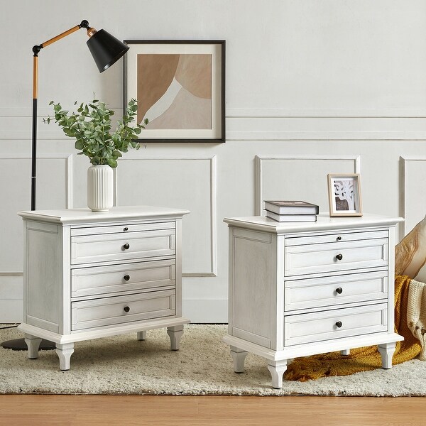 Muriel Farmhouse Style 3 Drawer Nightstand with Built In Outlets Set of 2 by HULALA HOME