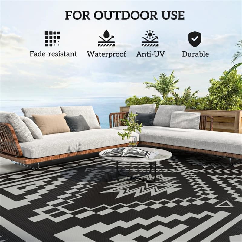Reversible Outdoor Rug Square Patchwork, UV-Protected Foldable Polypropylene Mat with Carry Bag - : 215.7" L × 107.9" W