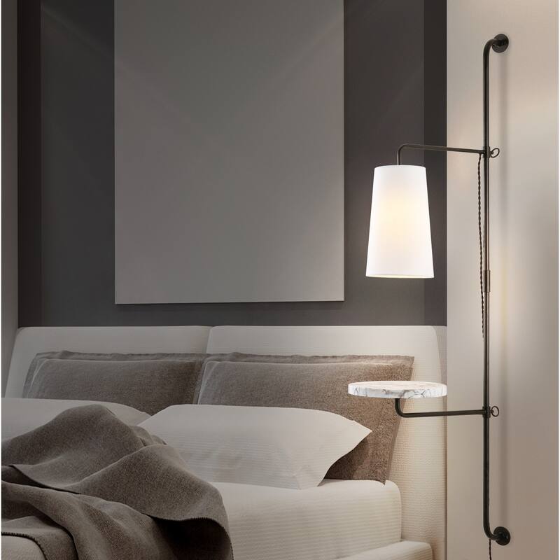 Adrian 11.5" 1-Light Contemporary Industrial Iron Plug-In with Adjustable Marble Table LED Sconce, Black/White by JONATHAN Y