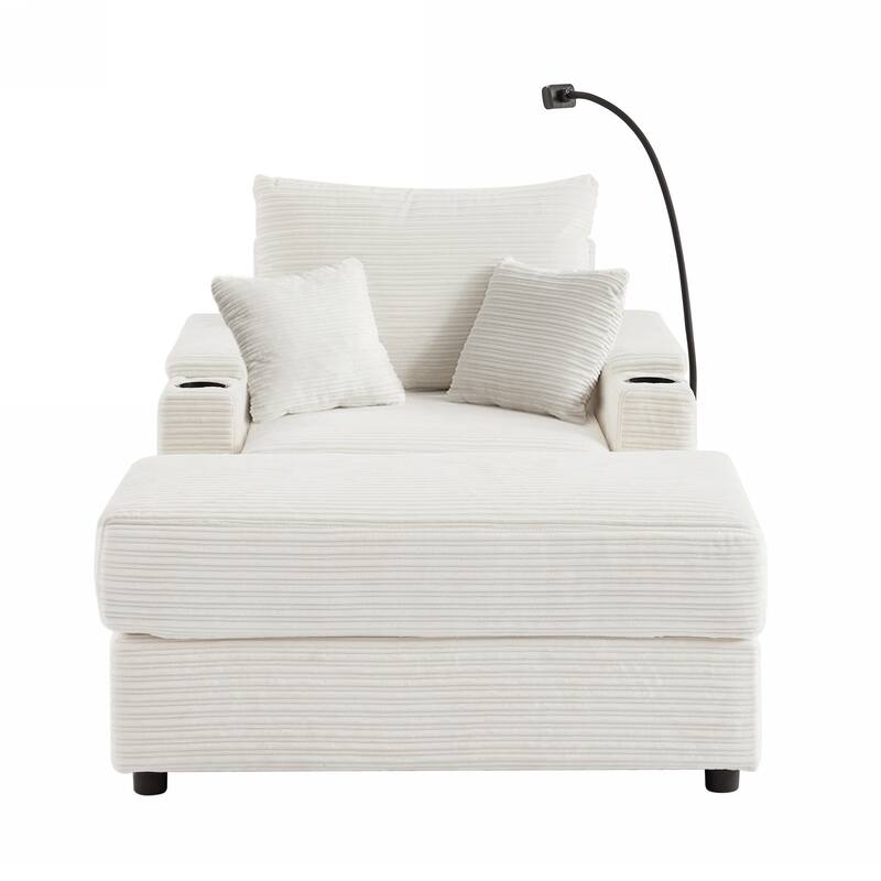 Modern Single Sofa with Movable Ottoman, Hidden Storage, USB Ports, Cup Holders and Phone Holder for Living Room
