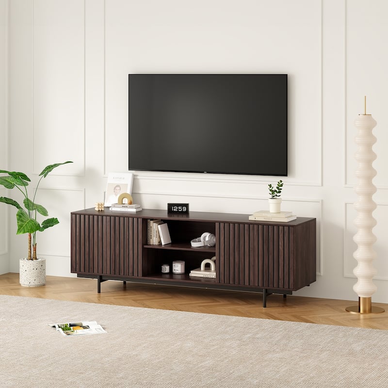 Mid Century Modern TV Stand for TVs Up to 75", Farmhouse Fluted TV Stand, Retro Wood TV Stand with Storage and Shelf