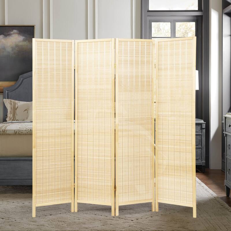 Roundhill Furniture Inkwell 4-Panel Bamboo Room Divider, Folding Portable Partition Screen