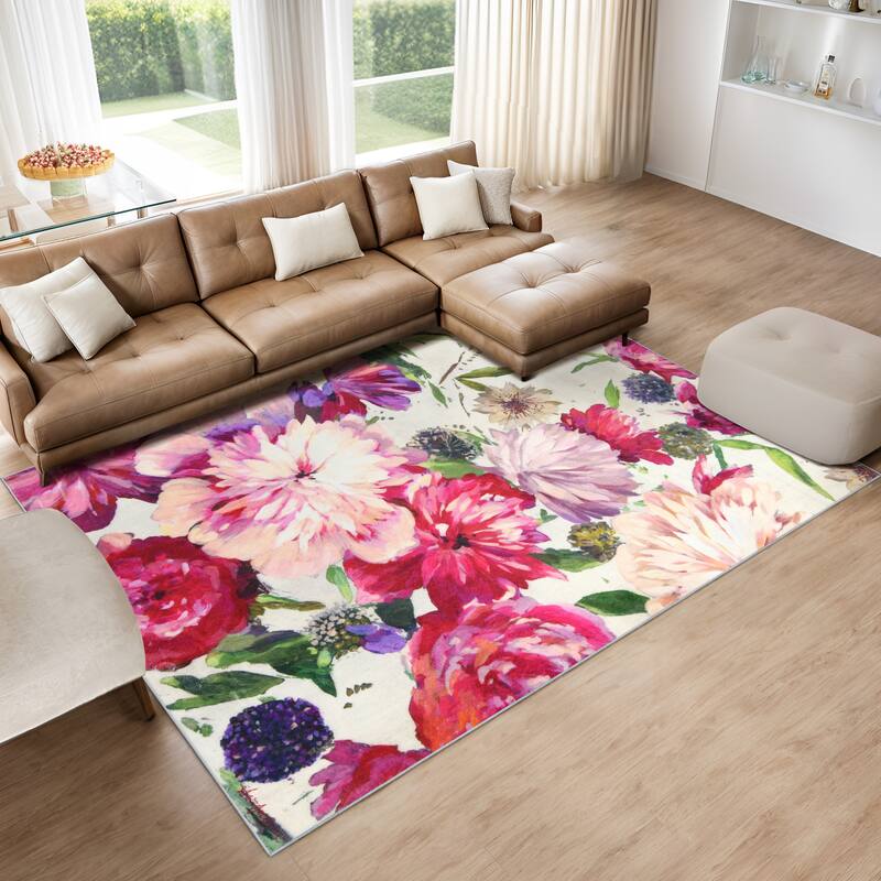 Amoroso B, Hand Washable Flowers Art Area Rug, power-loomed, 100% polyester, 2mm pile, non-slipping back