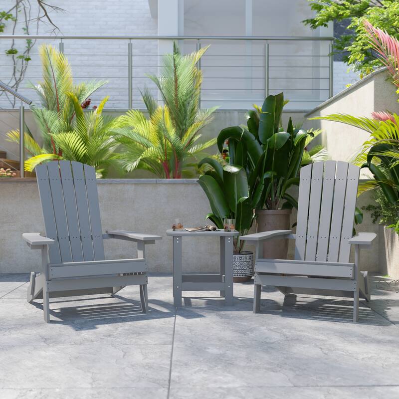 Set of 2 Indoor/Outdoor Folding Adirondack Chairs with Side Table - 34"D x 30.25"W x 37"H - Grey