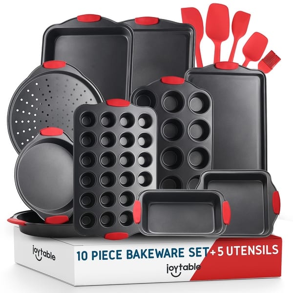 JoyTable Bakeware Set - 15 PC Nonstick Bakeware Set With Silicone Handles & Utensils - Black