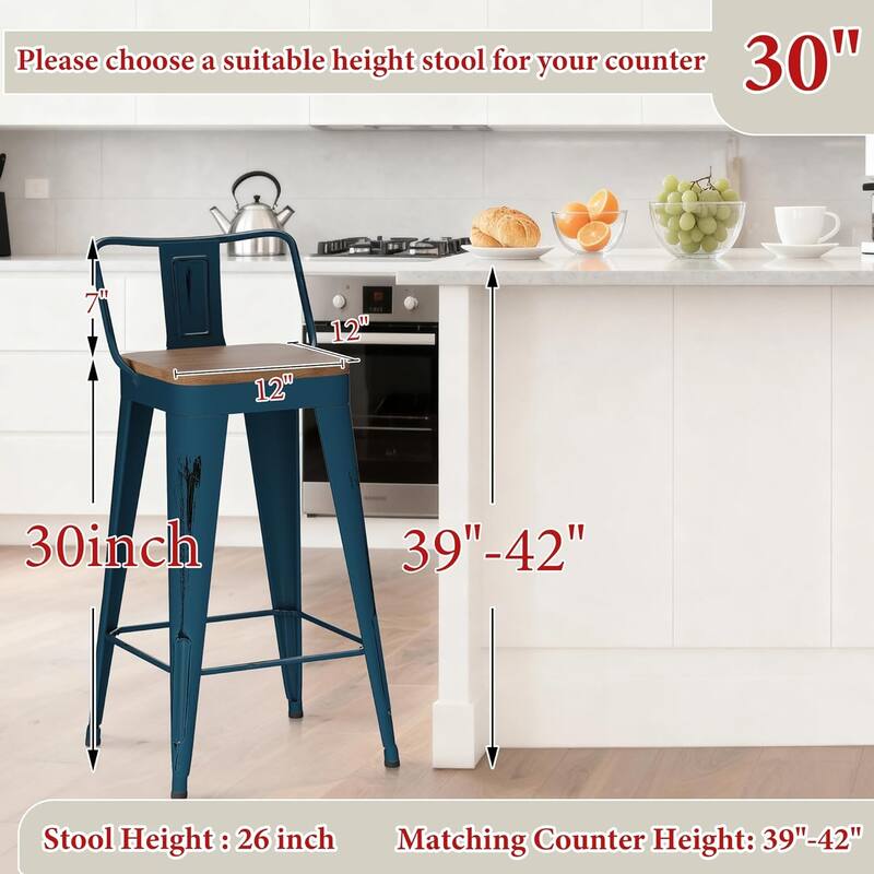 Industrial Style Bar & Counter Stools with Metal Frame Kitchen 26" and 30" Seat Height Stools with Low Back and Wooden Seat