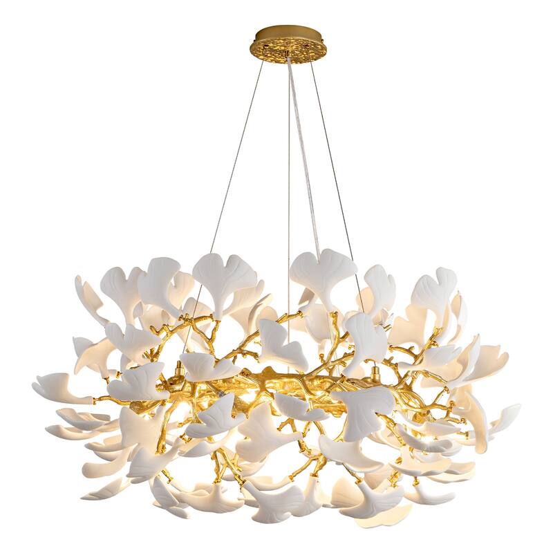 Modern Ginkgo Leaf Ceramic Chandelier, Moon Ring Round Pendant Light, D550-D1200, Gold Finish