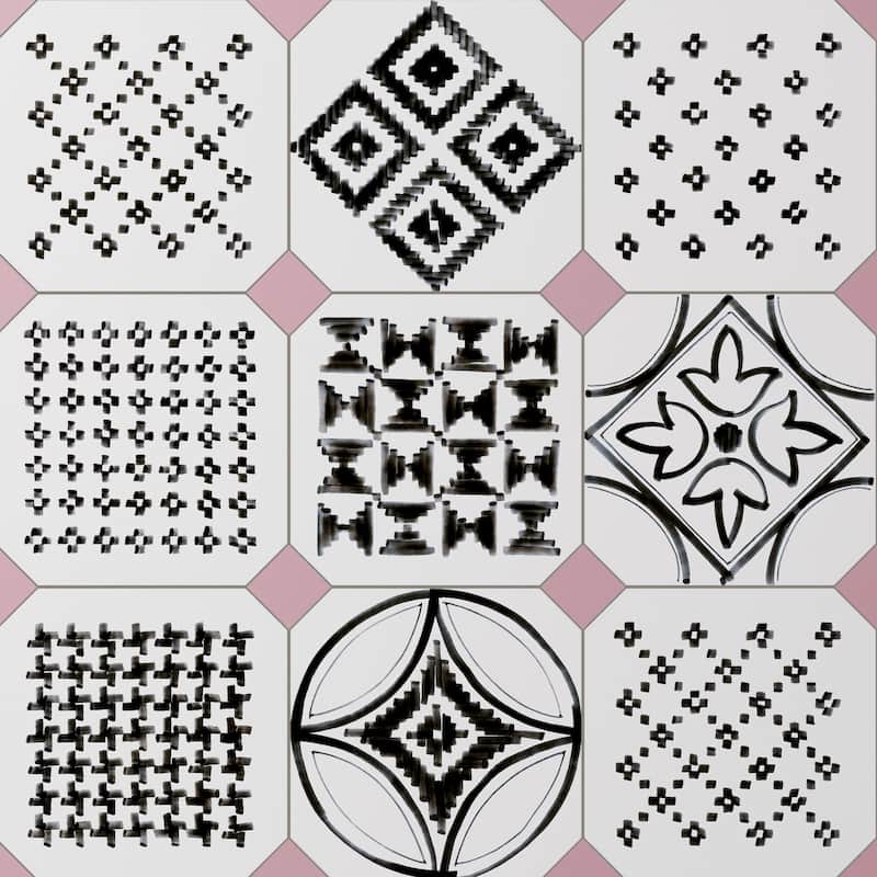 Merola Tile Vaudeville Octagon Deco Sombra with Taco Pink 7-7/8" x 7-7/8" Porcelain Floor and Wall Tile