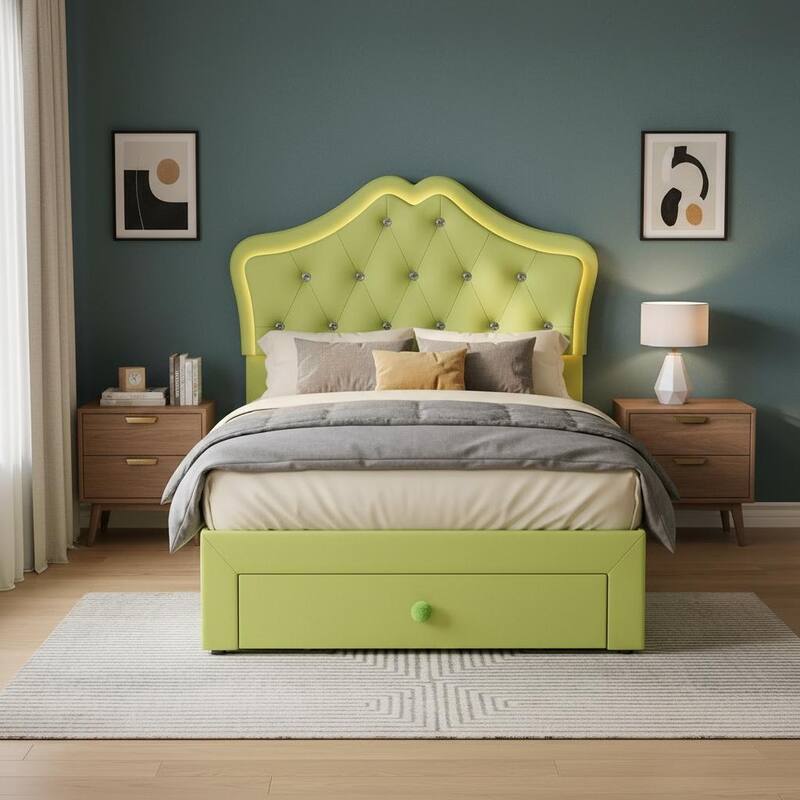 Bed Frame, with LED Lights and Storage Drawer - Avocado Green