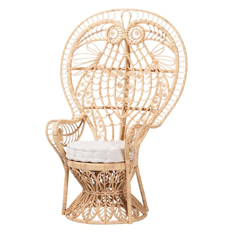 Kimiko Natural Rattan Peacock Chair with Cushion - Handwoven Wicker Accent Chair with Fan Backrest, Boho Coastal Seating - Natural Brown