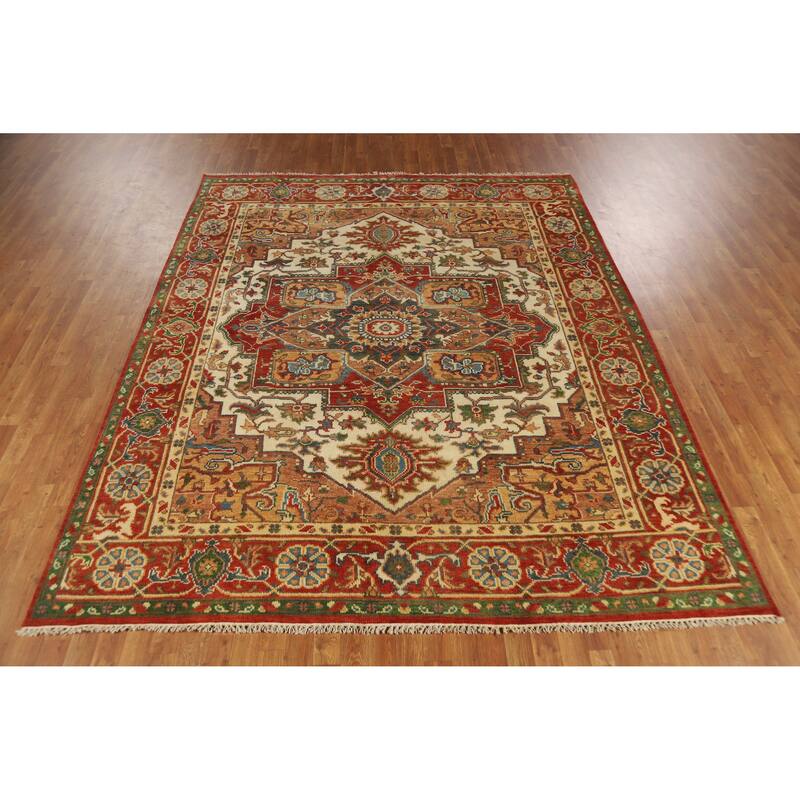 Medallion Heriz Serapi Indian Rug Hand-Knotted Wool Carpet - 7'10" x 9'8"