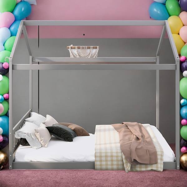 slide 2 of 16, Queen Size Modern Wooden House-shaped Bed Platform Bed With Headboard For Bedroom Grey