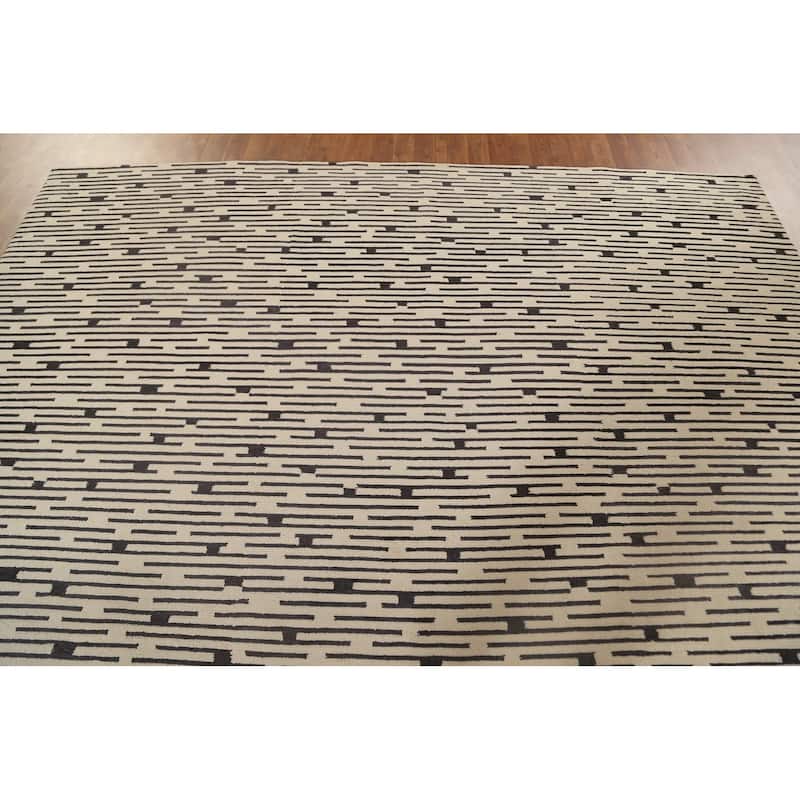 Striped Beige Nepalese Indian Area Rug Hand-Knotted Wool Carpet - 9'0" x 11'8"