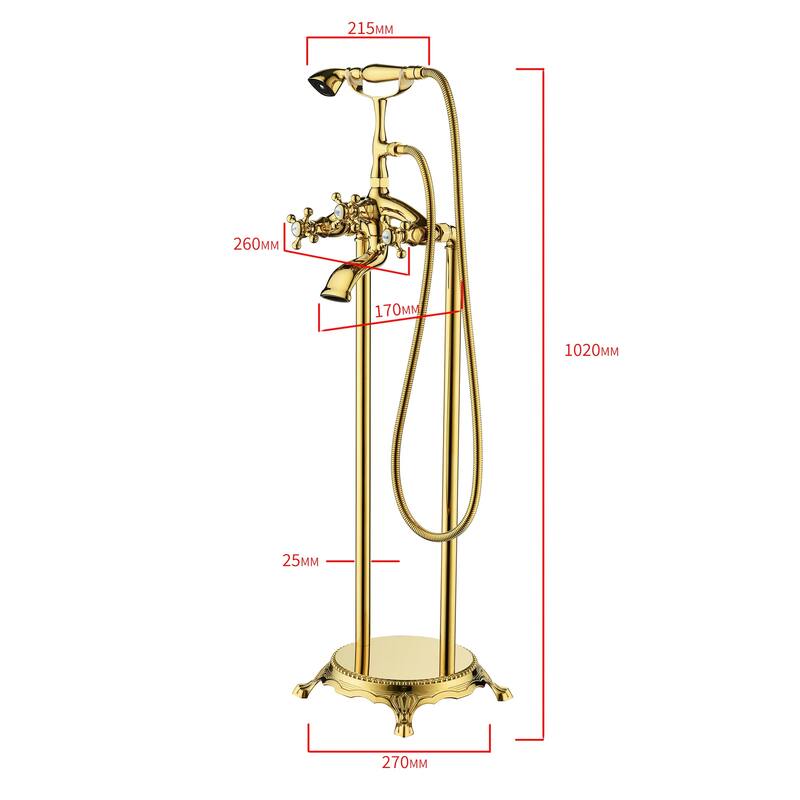 Double Handles Floor Mounted Brass Clawfoot Tub Faucet with Handheld