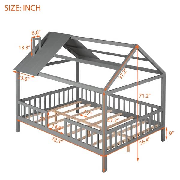dimension image slide 2 of 3, Full Size Wood House Bed with Fence, Playhouse Design for Kids, Sturdy Pine Construction, Customizable Decor