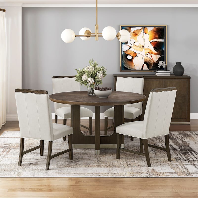 Contemporary Aesthetic Dining Set Round Table with Chairs Upholstered Beige Brown Furniture - 5pc Set