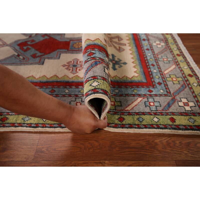 Ivory Geometric Kazak Oriental Foyer Rug Handmade Wool Carpet - 3'3" x 4'11"