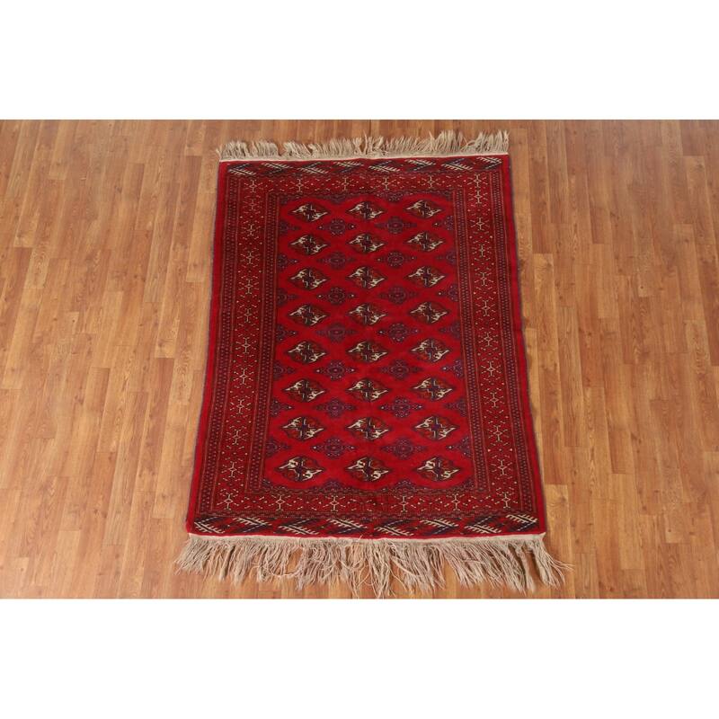 Geometric Red Turkoman Persian Vintage Foyer Rug Handmade Wool Carpet - 4'3"x 5'8"