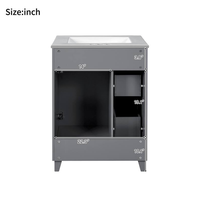 24" Bathroom Vanity with Ceramic Sink, 2 Drawers, Soft-Close Door, Freestanding Cabinet for Small Spaces, MDF and Wood