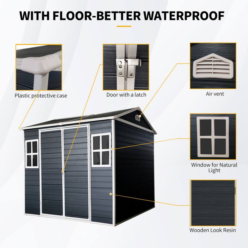Resin Outdoor Storage Shed UV-Proof Garden Tool Shed with Sloping Roof & Lockable Double Doors, Built-in Floor