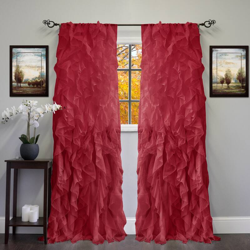Sweet Home Collection Sheer Voile Waterfall Ruffled Tier 108 Inch Single Curtain Panel - 108" long x 50" wide - Burgundy