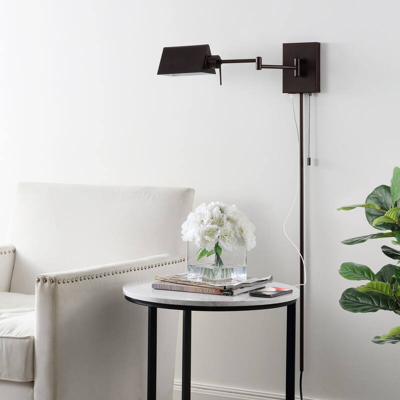 Curtis Farmhouse Swing Arm Plug-In or Hardwired Iron LED Wall Sconce with Pull-Chain with USB Charging Port, by JONATHAN Y