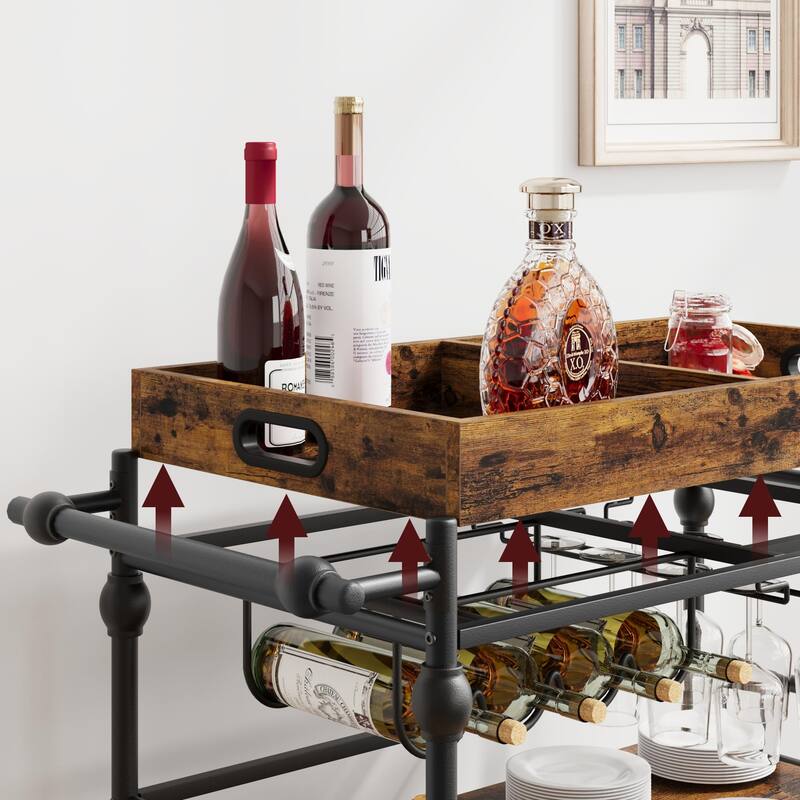 Farmhouse 3 Tier Bar Cart with Removable Tray for Kitchen - 15.7"D x 35.4"W x 34.1"H