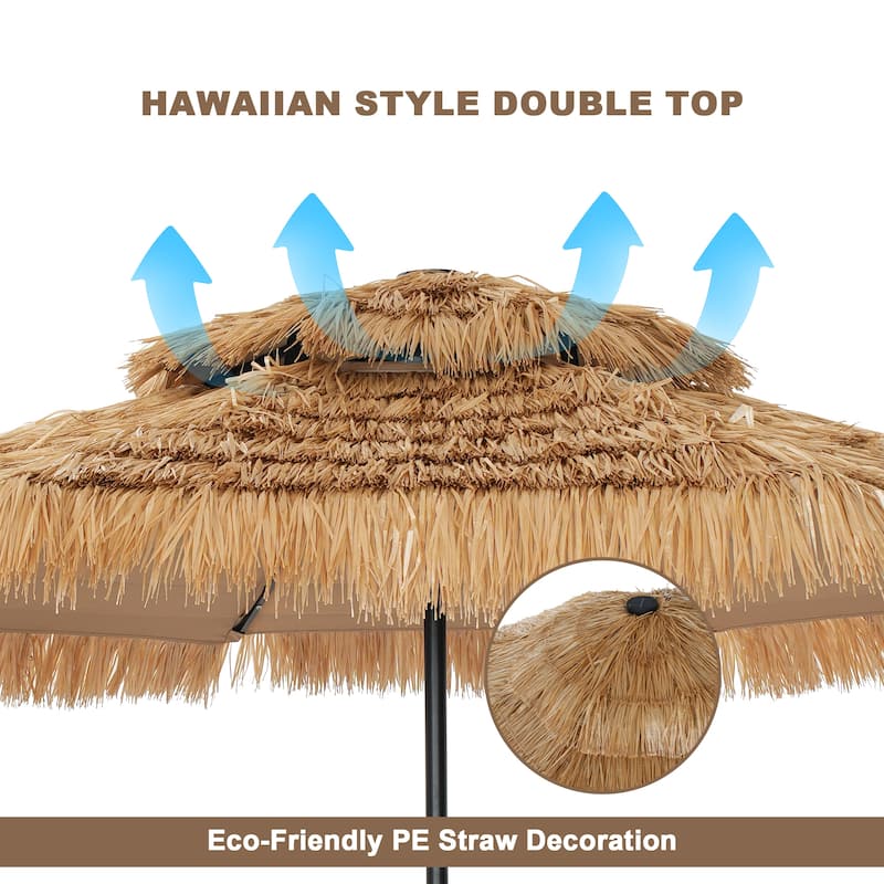 Clihome 9FT Patio 2-Top Hawaiian Style Thatch Umbrella With Lights