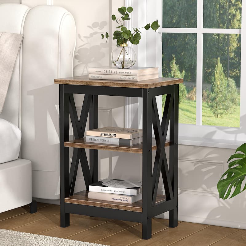 3-tier X-base End Table, Black Nightstands, Brown Nightstands, White Nightstands - 15.7''L x 11.8''W x 24.2''H