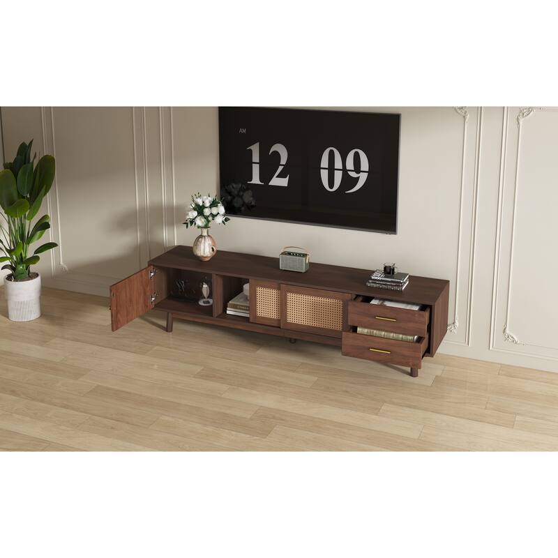 Mid Century Modern Solid Wood TV Stand for 80" TVs,TV Console with Sliding Doors and Drawers