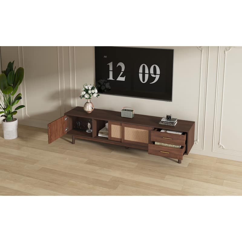 Roomfitters Mid Century Modern TV Stand for 80 Inch TV, Entertainment Center with Sliding Doors and Drawers, Walnut