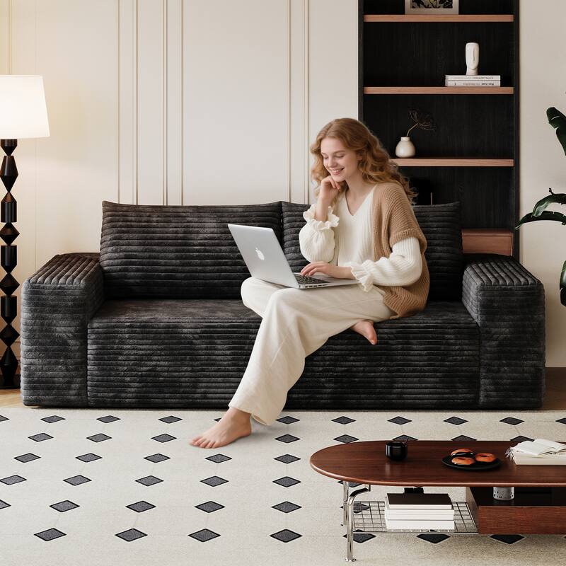 63 Inch Corduroy Fabric Sofa, Deep Seat Loveseat, No Assembly, Black for Living Room, Bedroom, Apartment