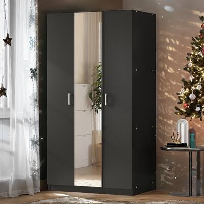3 Door Wardrobe with Mirror, Armoire with Hanging Rod and 3 Fixed Shelves, White, 300 lbs Total Weight Capacity